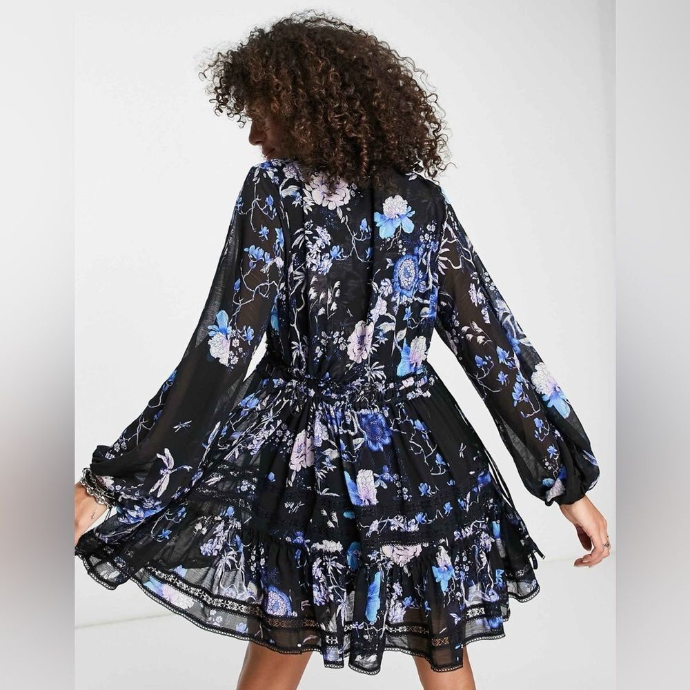 Free People Black Cherry Blossom Chiffon Cottagecore Mini Dress Size Small - Picture 2 of 8